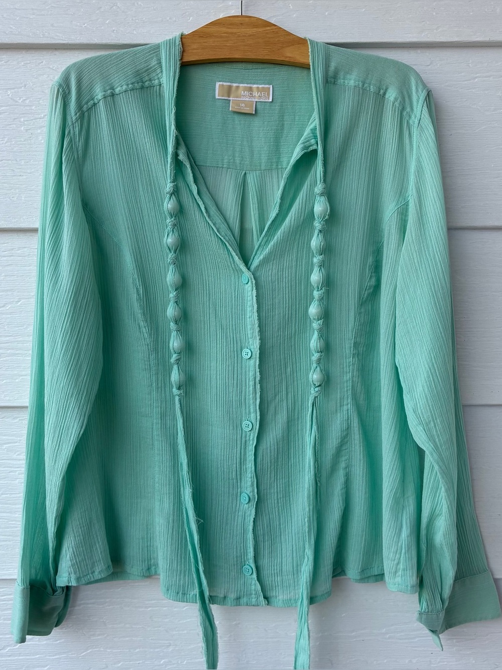 Michael Kors Blouse Green Cotton Woven Lightweight Button Tie Long Sleeve 14